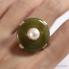 Ming's Hawaii Natural Green Jade Do-nut W/ Cultured Pearl 14K Yellow Gold Ring