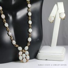 NATURAL OPAL & DIAMOND 14K YELLOW GOLD ORNATE NECKLACE & CLIP EARRINGS SET