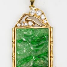 GIA 6.2g 14KYG CARVED JADE TABLET 0.25ctw DIAMOND PENDANT