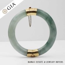 GIA 67.2g 14KYG TRANSLUCENT MOTTLED GRAYISH GREEN JADE HINGED BANGLE BRACELET