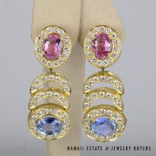 BERNARD HURTIG 41g 18KYG 13.74ctwt SAPPHIRE 4.77ctw VS/GH DIAMOND EARRINGS WITH OMEGA CLIPS (2081-04)