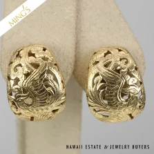MING'S DUAL PHOENIX SHRIMP 9.1g 14K YELLOW GOLD OMEGA BACK EARRINGS