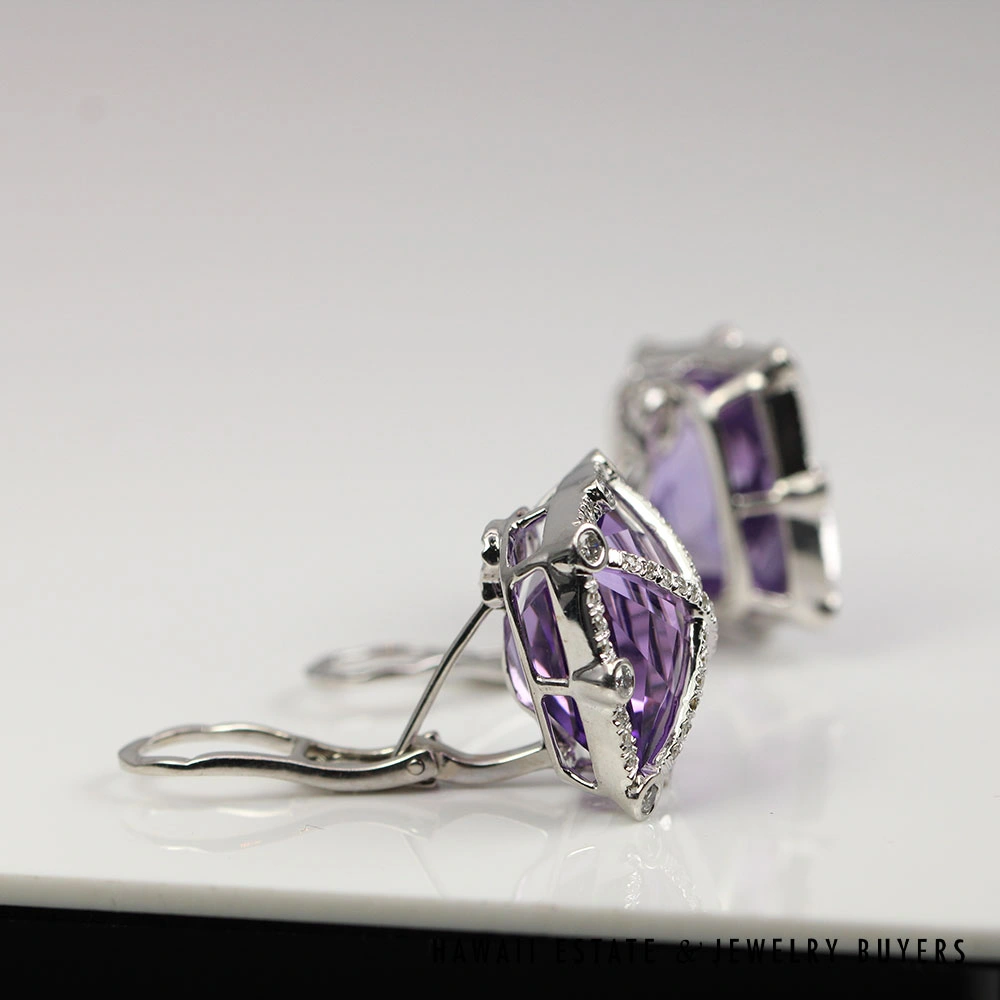 45ctw Chessboard Amethyst 1.50ctw Diamond Earrings and Ring 32.7g 18KWG Set - Image 4