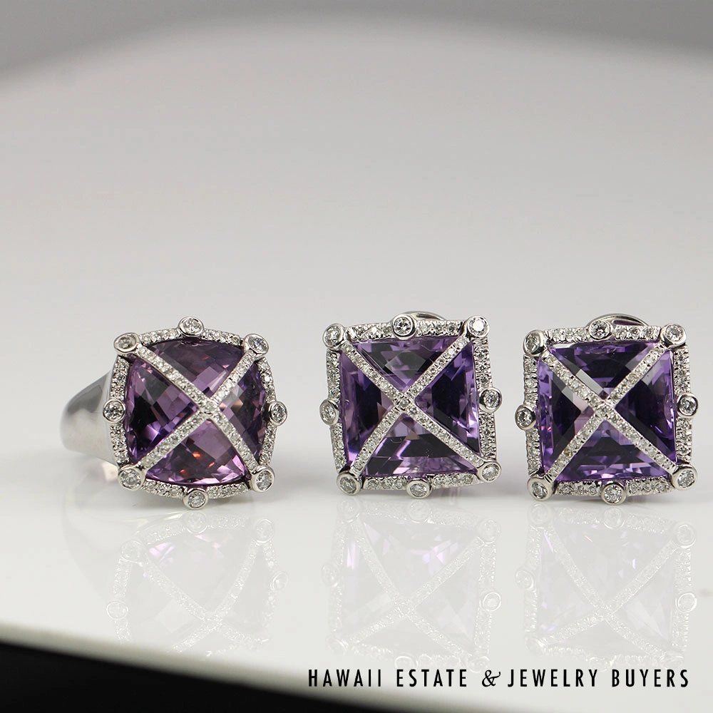 45ctw Chessboard Amethyst 1.50ctw Diamond Earrings and Ring 32.7g 18KWG Set - Image 3