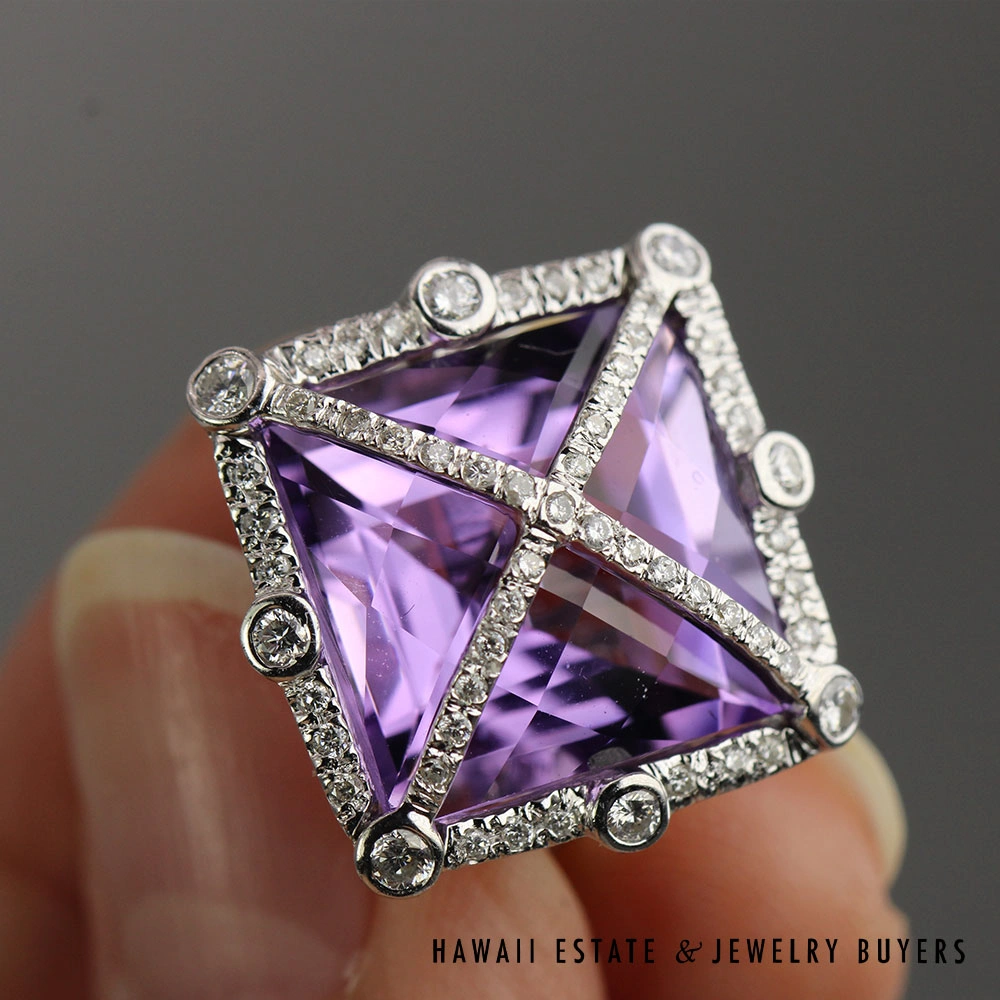 45ctw Chessboard Amethyst 1.50ctw Diamond Earrings and Ring 32.7g 18KWG Set - Image 2
