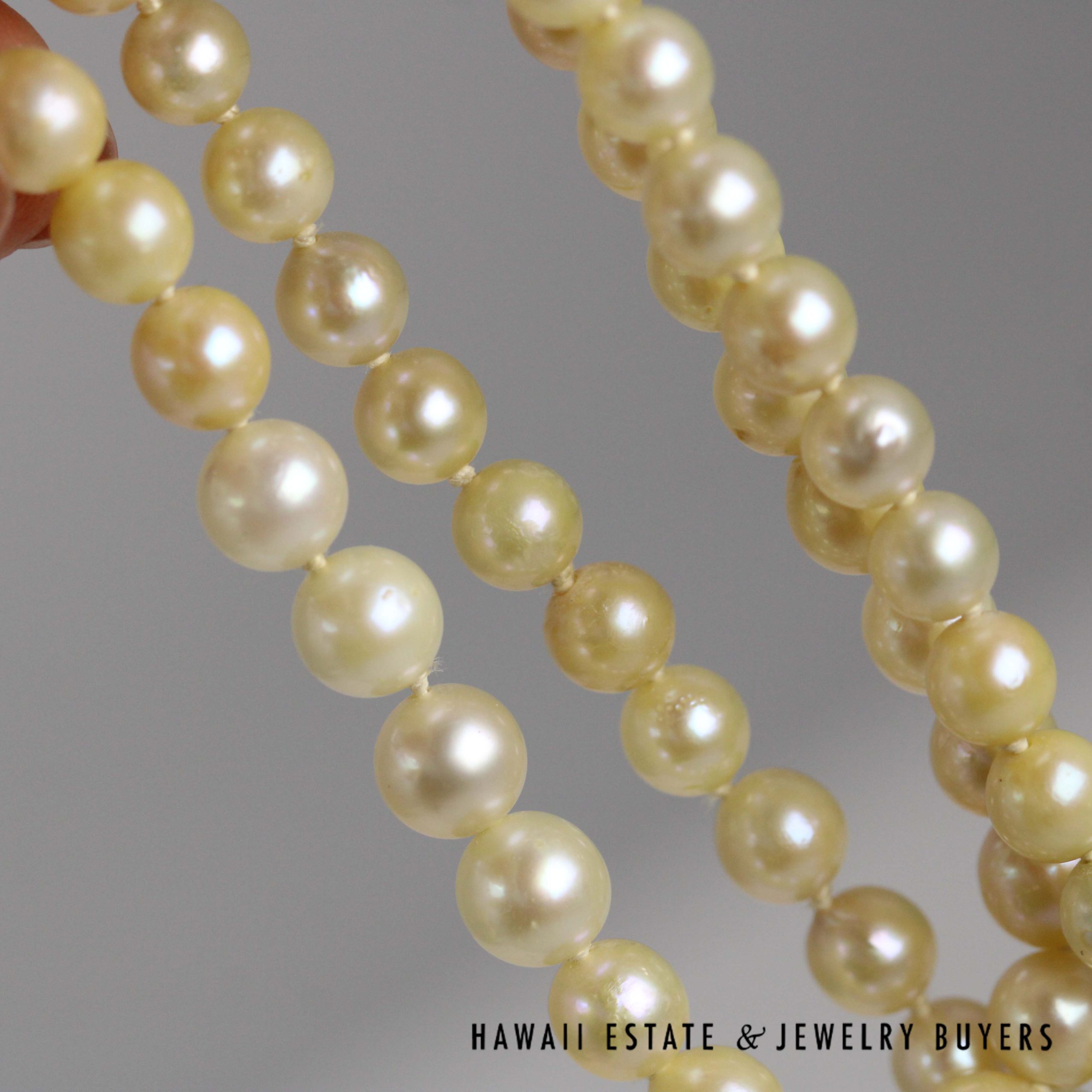 Knotted Cultured Pearl Strand Graduating 14k Yellow Gold Chinese Clasp Necklace 5.7-6.7mm 16" - Image 5