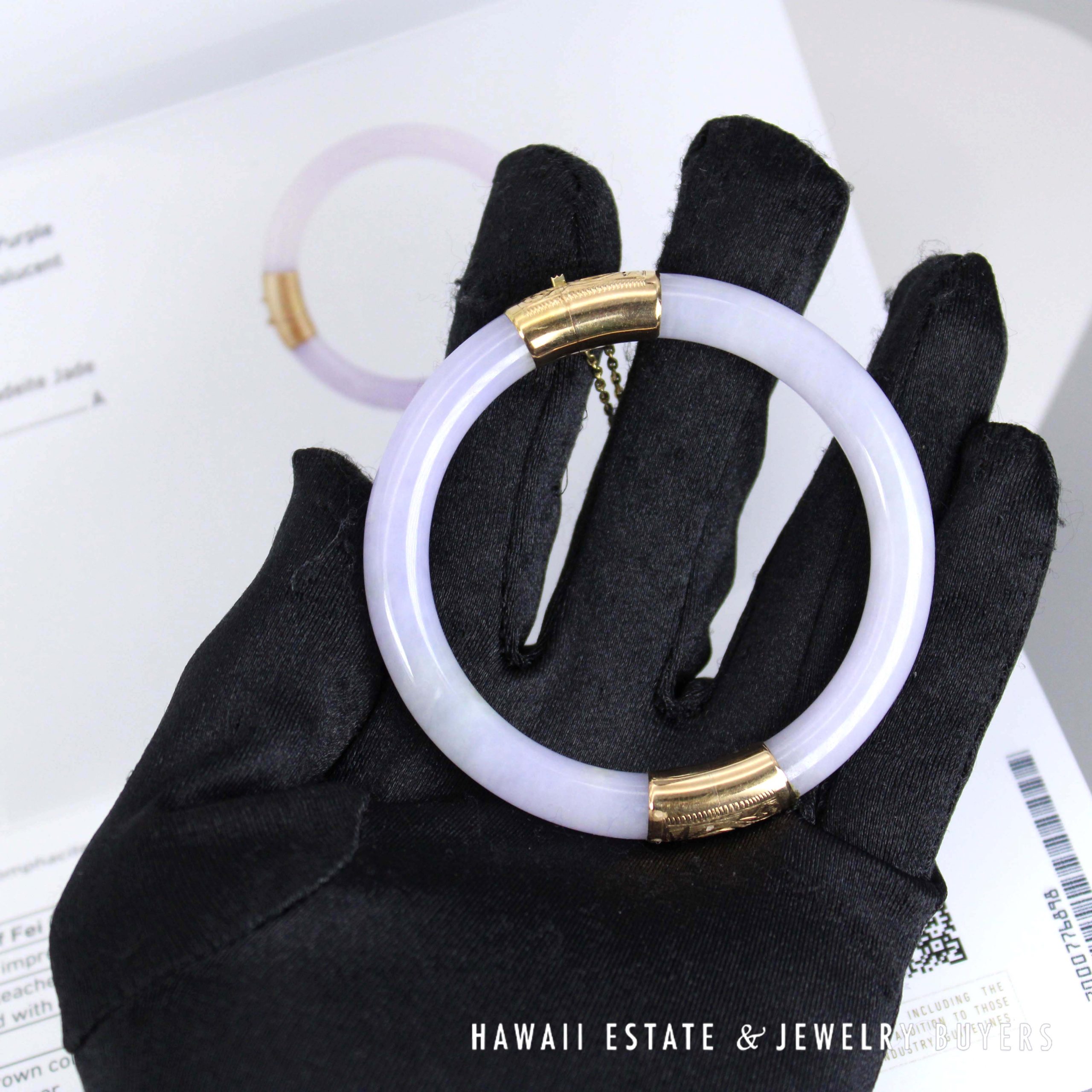 GIA Lavender Jade Hinged Bangle with 14K Yellow Gold Bracelet Size 6.75" - Image 5