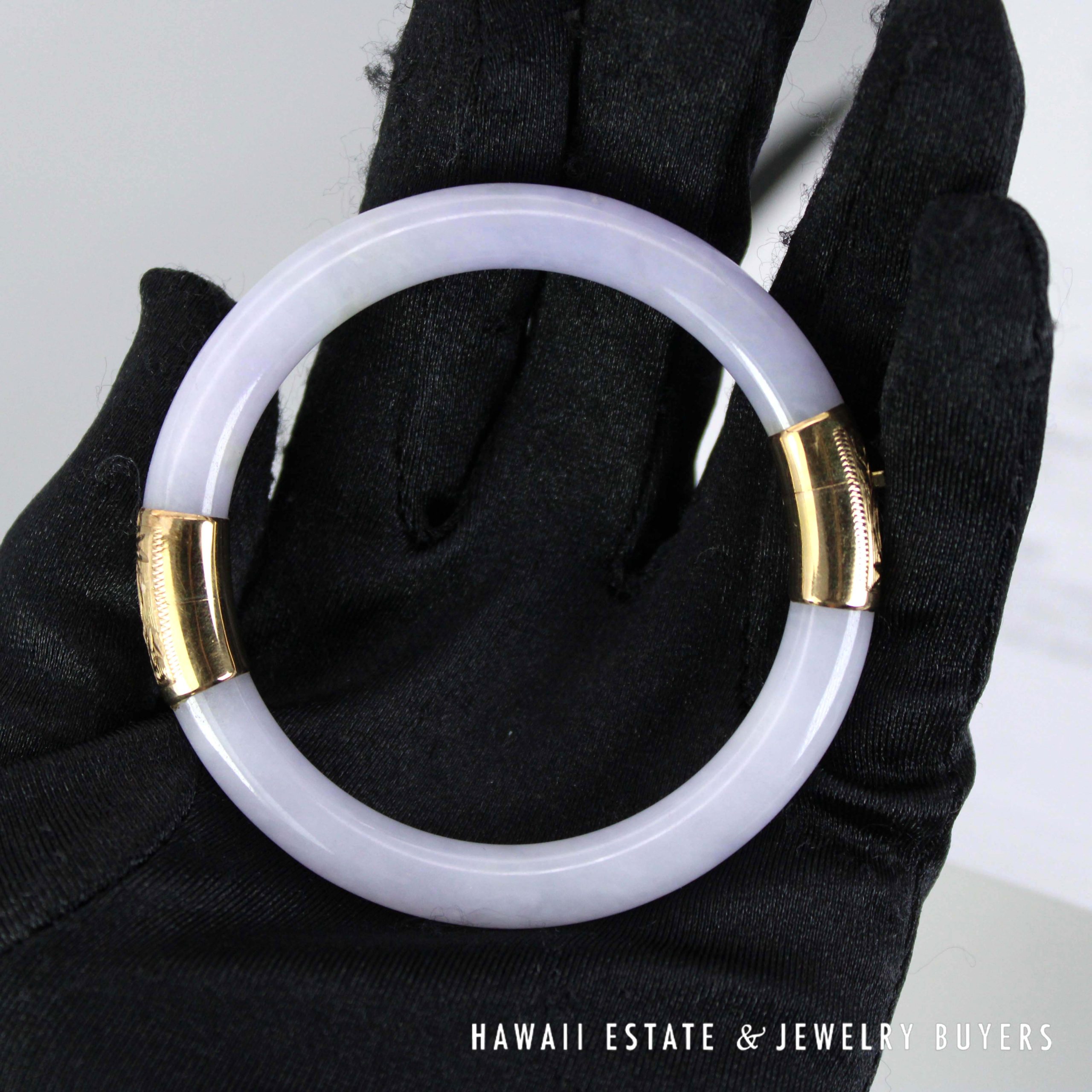 GIA Lavender Jade Hinged Bangle with 14K Yellow Gold Bracelet Size 6.75" - Image 8
