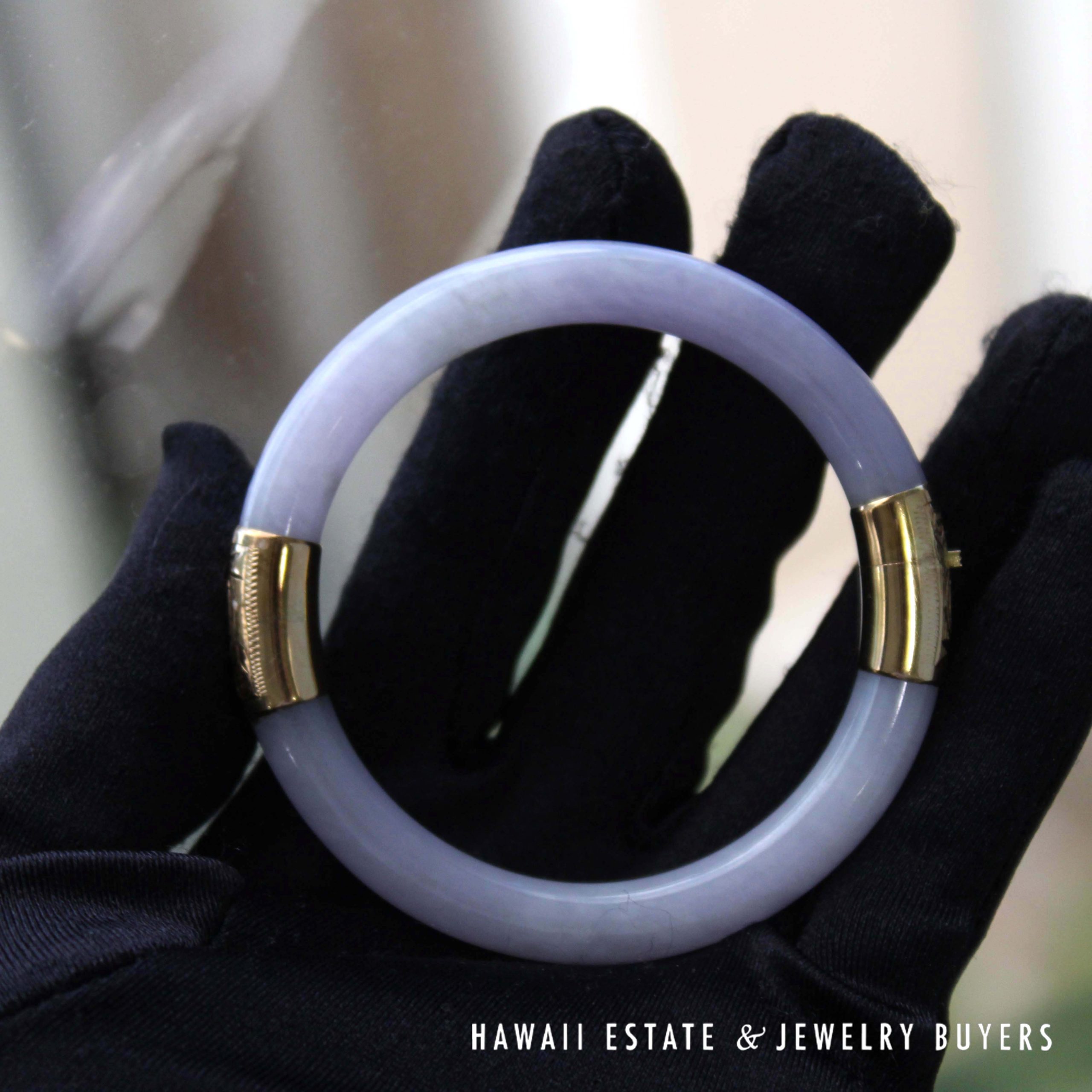 GIA Lavender Jade Hinged Bangle with 14K Yellow Gold Bracelet Size 6.75" - Image 7