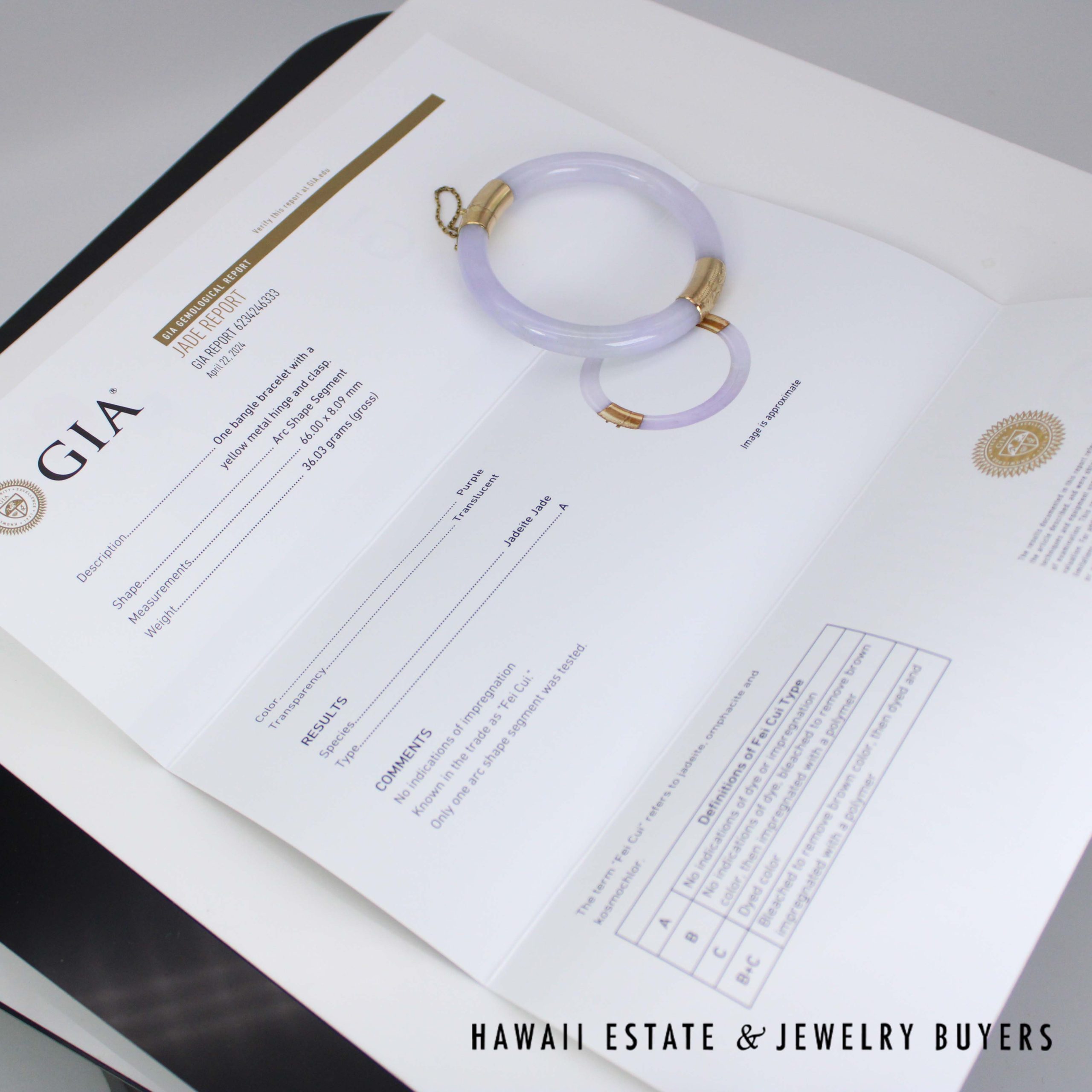 GIA Lavender Jade Hinged Bangle with 14K Yellow Gold Bracelet Size 6.75" - Image 12