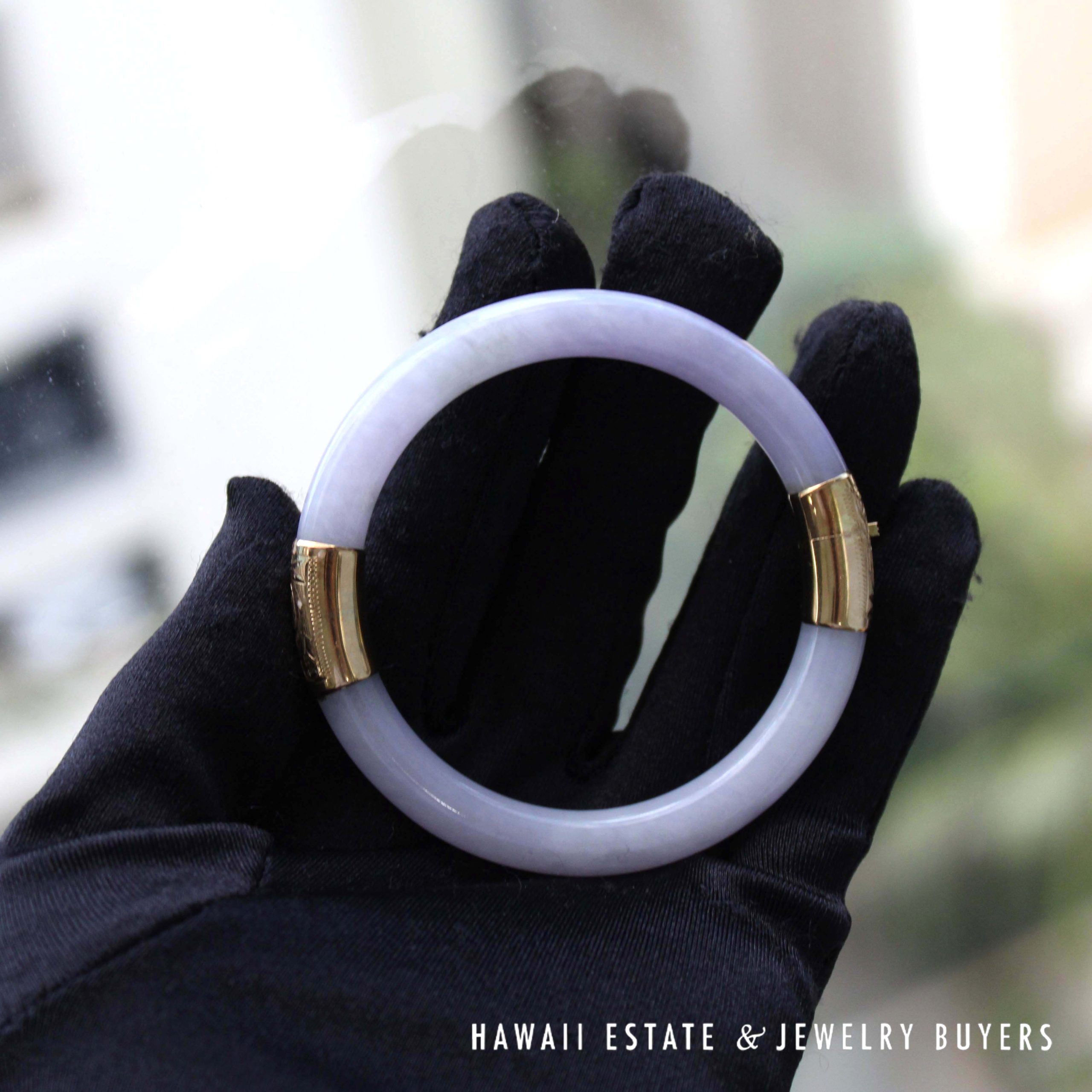 GIA Lavender Jade Hinged Bangle with 14K Yellow Gold Bracelet Size 6.75" - Image 4