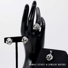 Tahitian Black Pearl & Diamond 18K White Gold Earrings Pendant Ring Sz 7 Complete Set
