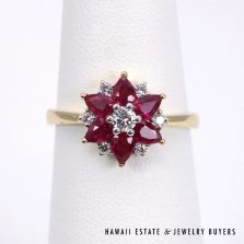 Ruby & Diamond Star Flower 18K Yellow Gold Dainty Ring Size 7
