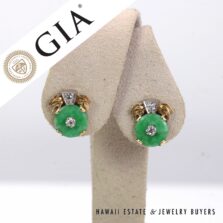 GIA Type A Green Jadeite Jade Donut Diamond 14K Yellow Gold Earrings
